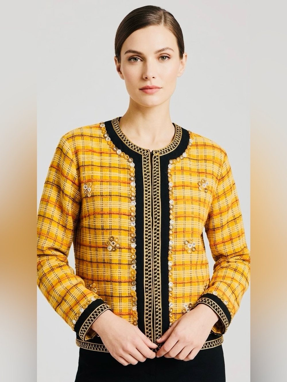 Alex Kim Vtg. Embellished Plaid Open Front Jacket Yellow, Black, Beaded Missy L